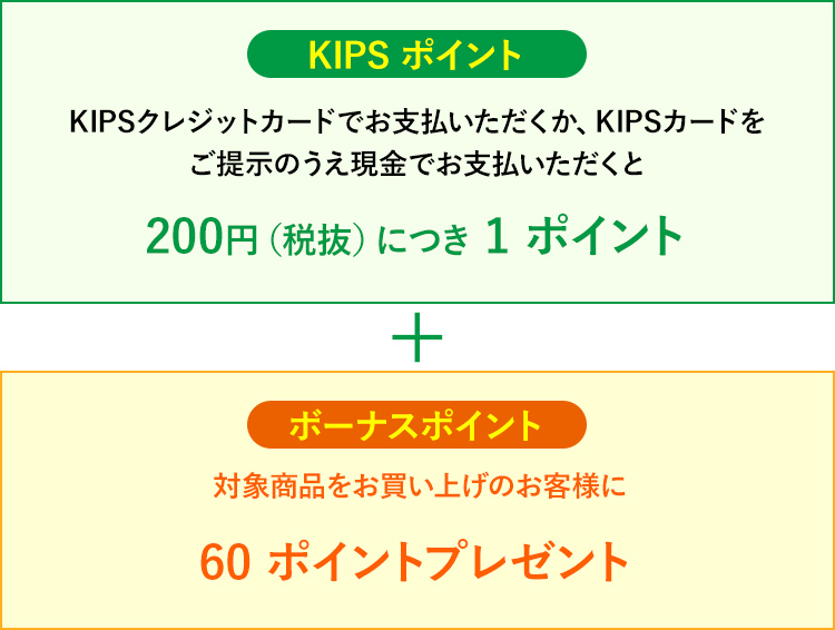 KIPSクレジットカードでお支払いただくか、KIPSカードをご提示のうえ現金でお支払いただくと200円(稅抜)につき1ポイント+【ボーナスポイント】対象商品をお買い上げのお客様に60ポイントプレゼント。